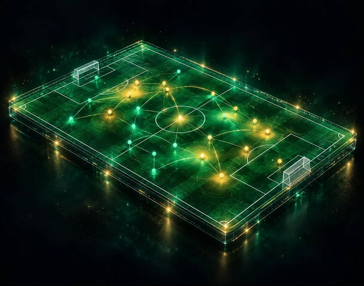 Conceptual tactical pitch showing player positions, passing connections and areas of activity